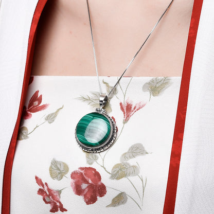 S925 Silver Round Malachite Dignified Pendant