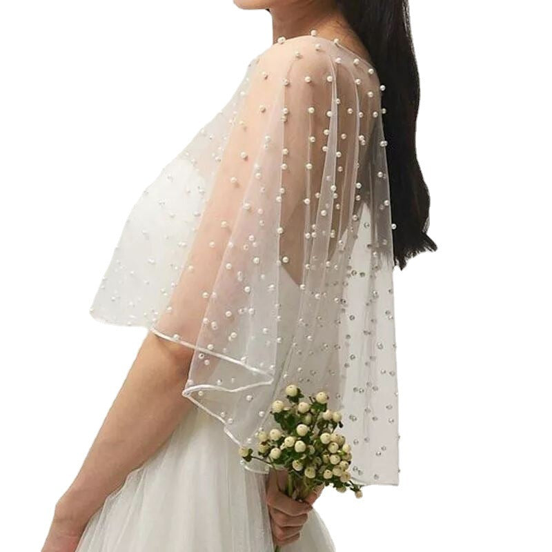 Plain Gauze Lock Edge Short Mesh Pearl Shawl White Ivory