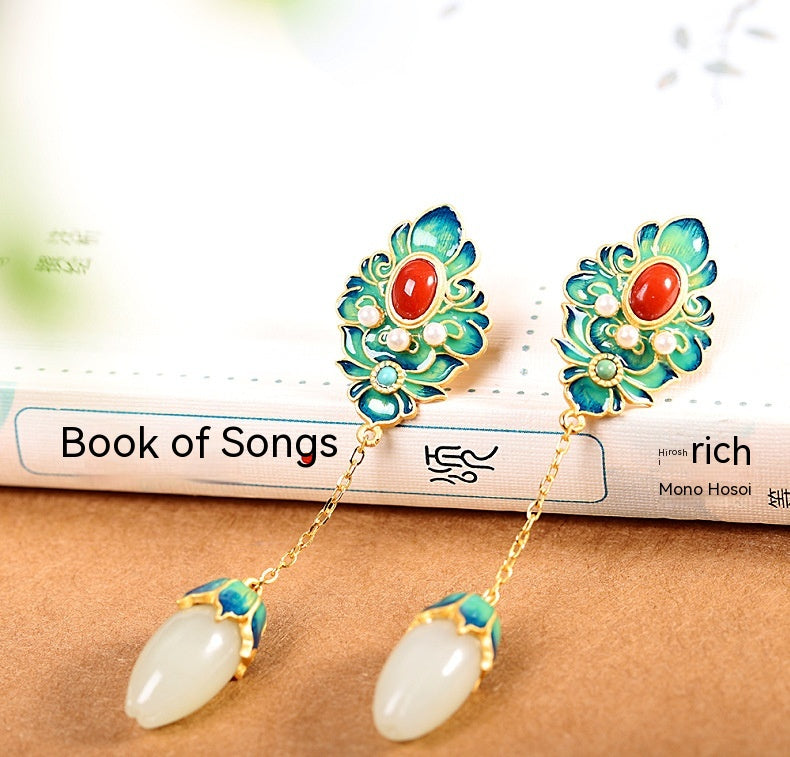 Silver S925 Silver Inlaid Hetian Jade White Jade Flower Earrings